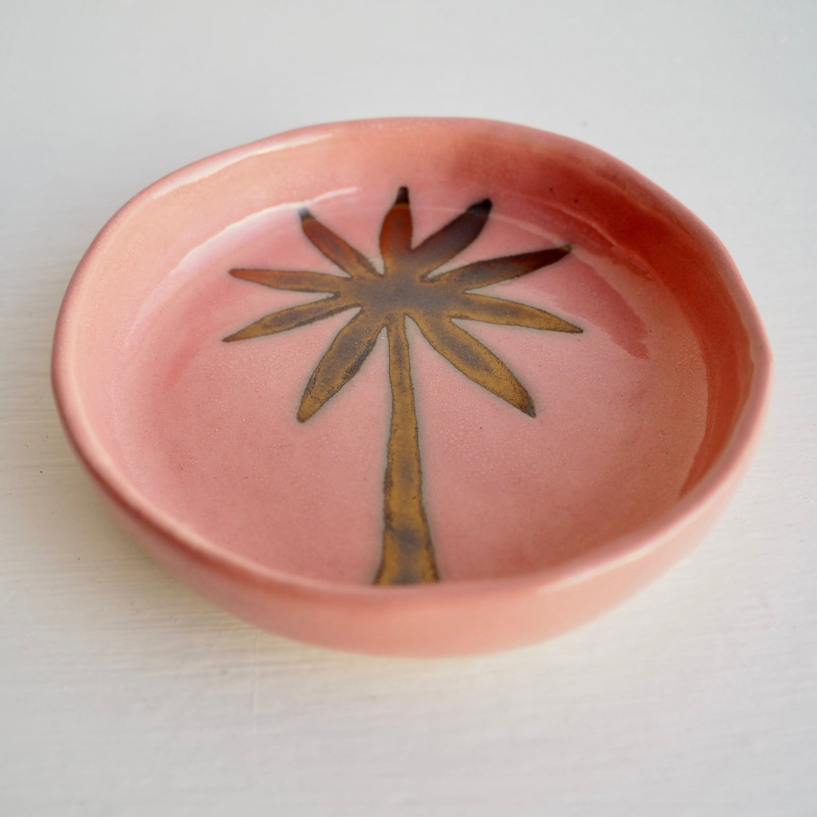 Handmade Pink And Gold Ceramic Palm Tree Ring Dish