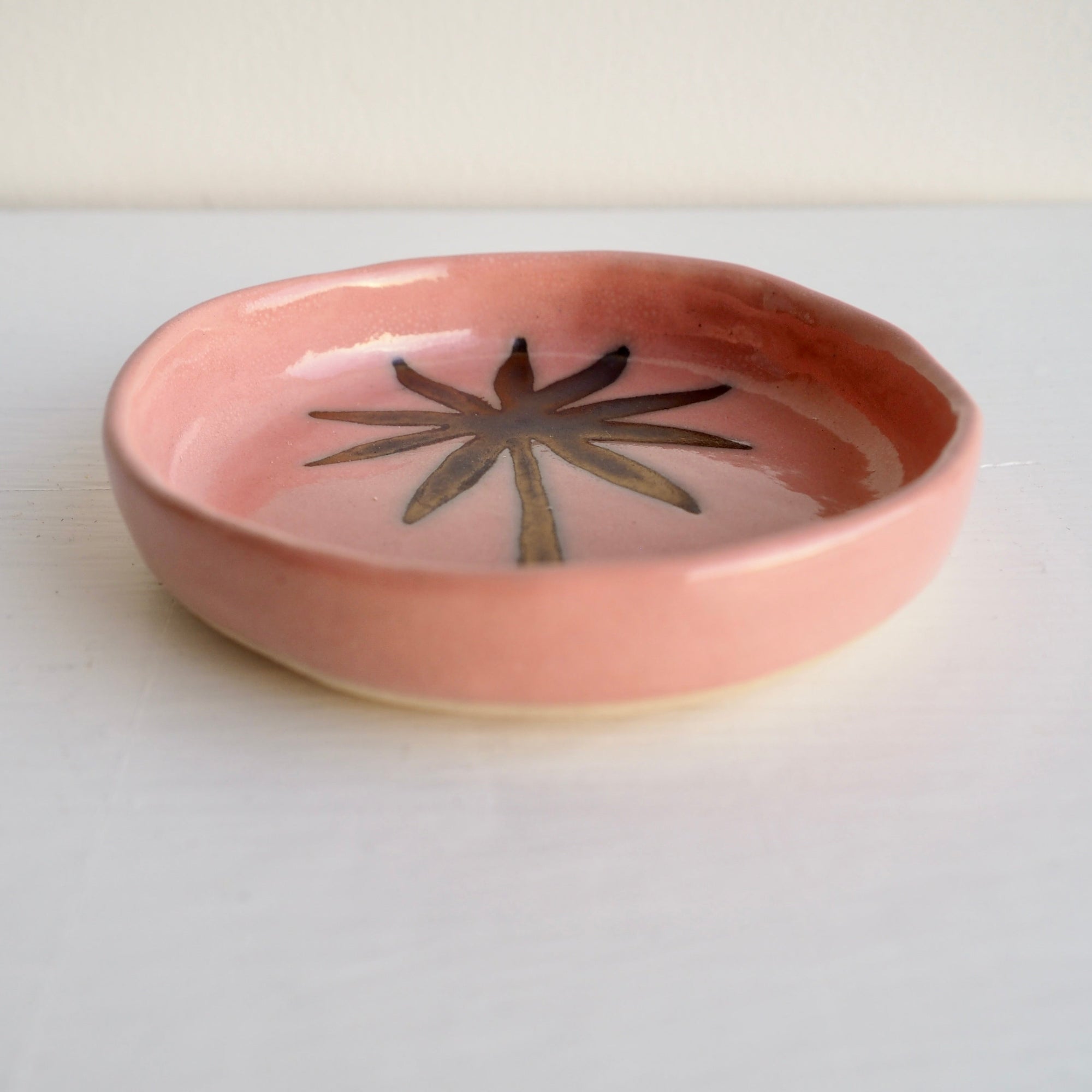 Handmade Pink And Gold Ceramic Palm Tree Ring Dish