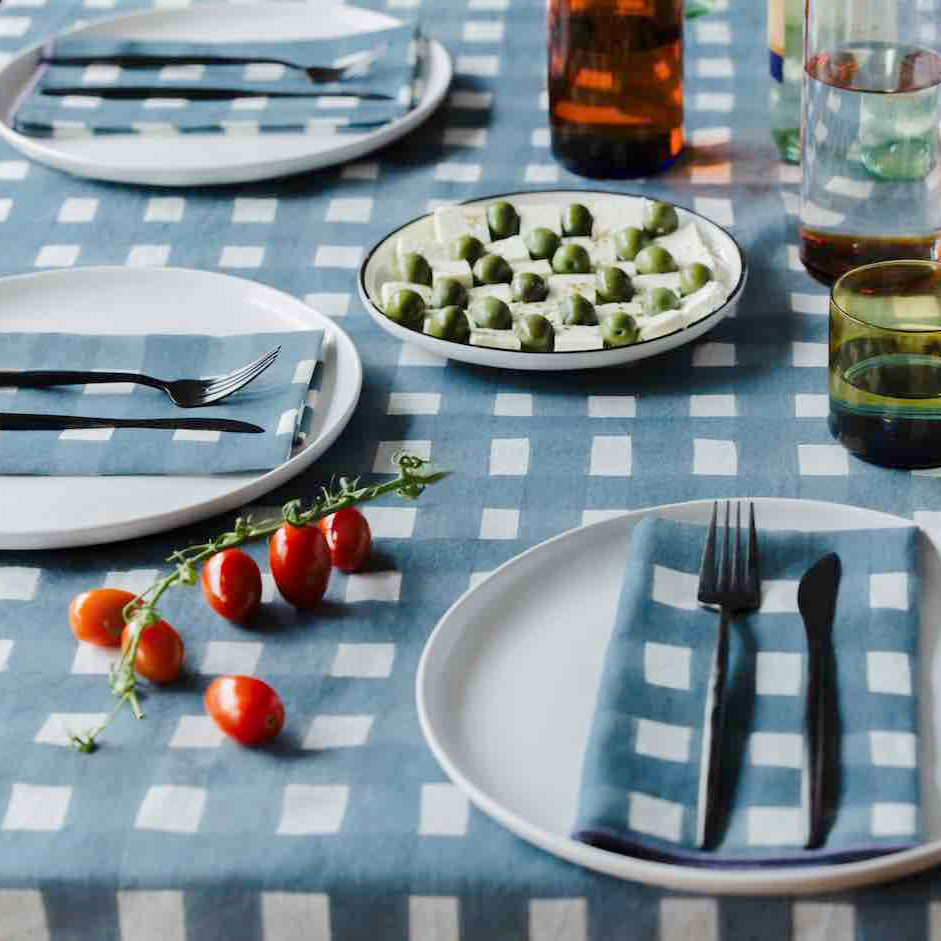 Blue Cross-Hatch linen tablecloth 60x120 with painterly brushstroke cross-hatch pattern in blue - Goldie Home