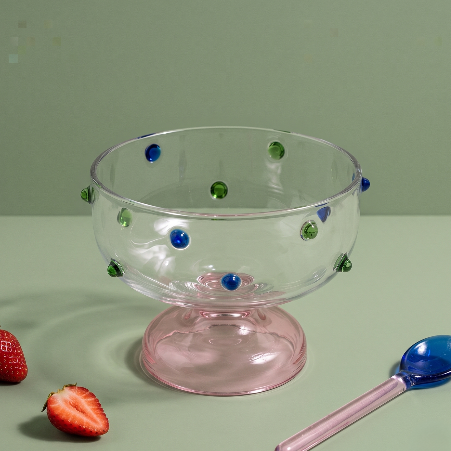 Pink Borosilicate Glass Dessert Bowl | Confetti Dot Rim | Set of 2