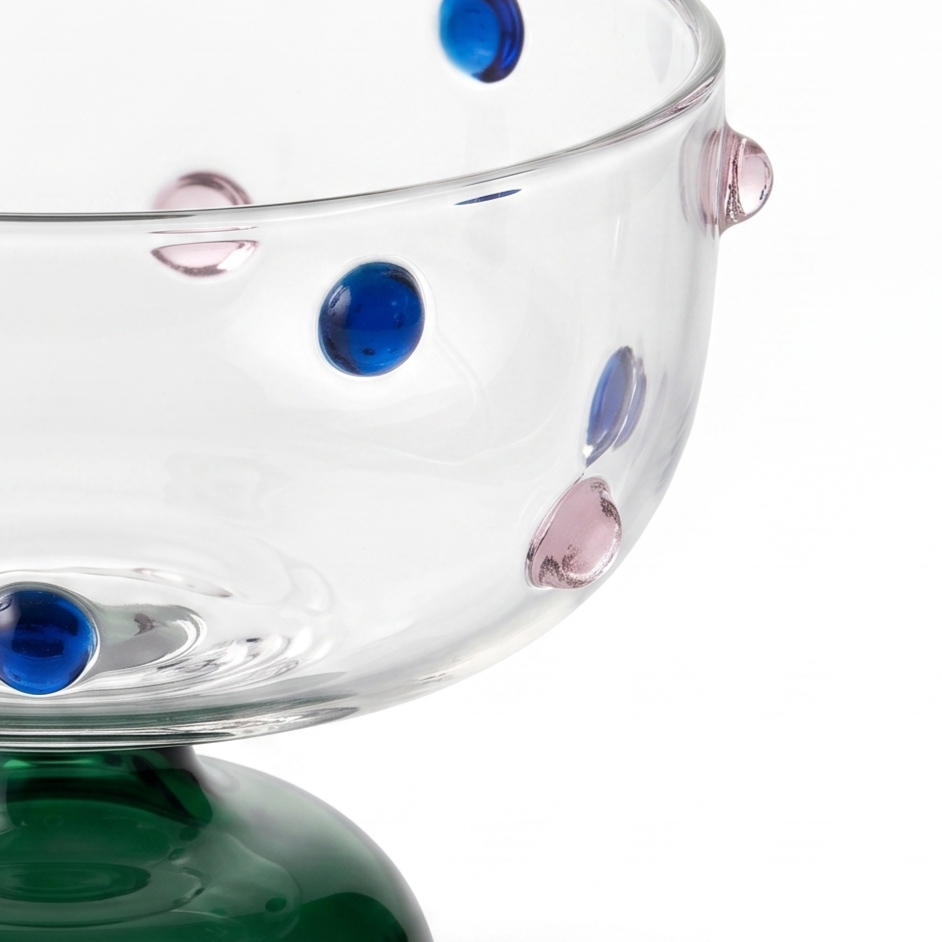 Blue Borosilicate Glass Dessert Bowl | Confetti Dot Rim | Set of 2