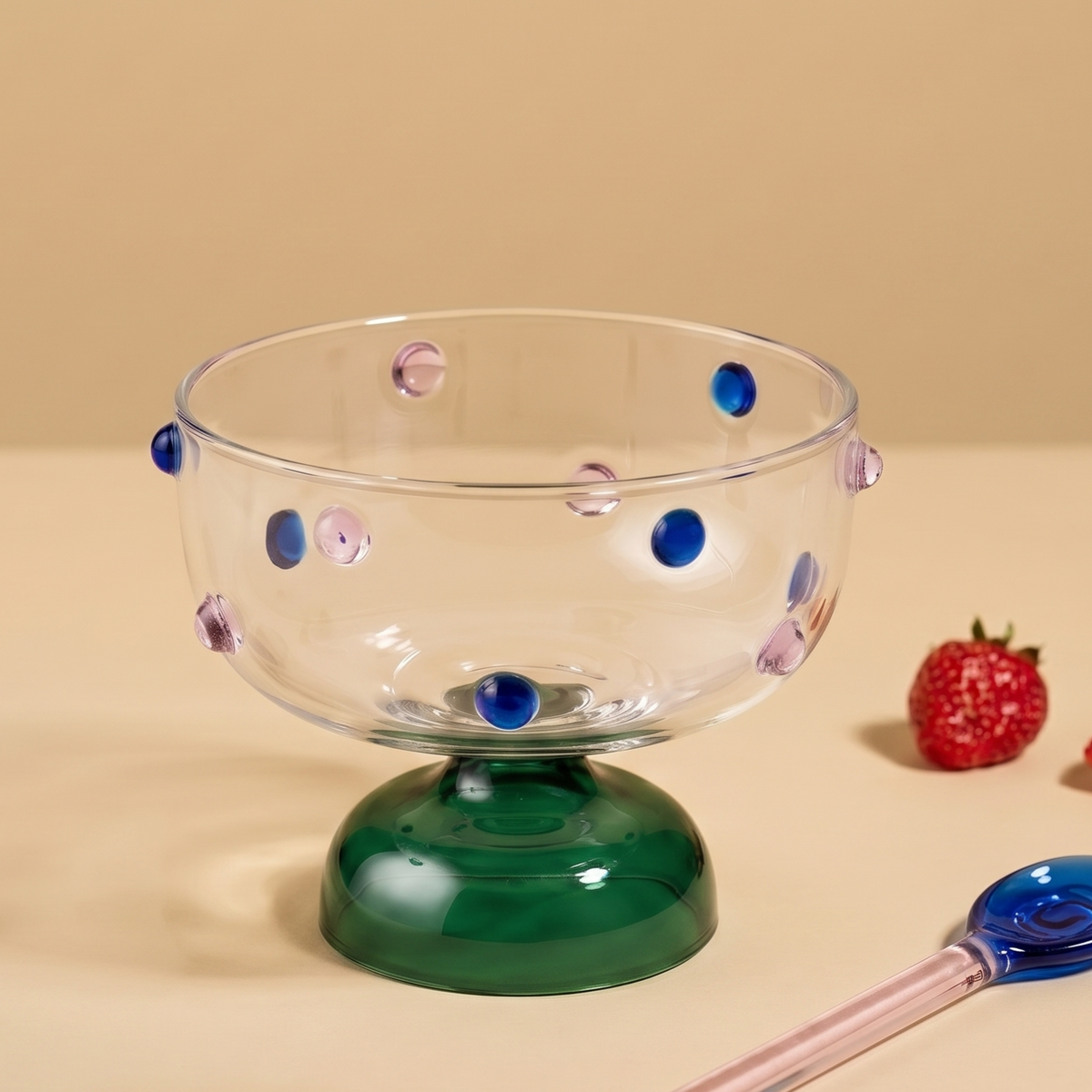Blue Borosilicate Glass Dessert Bowl | Confetti Dot Rim | Set of 2