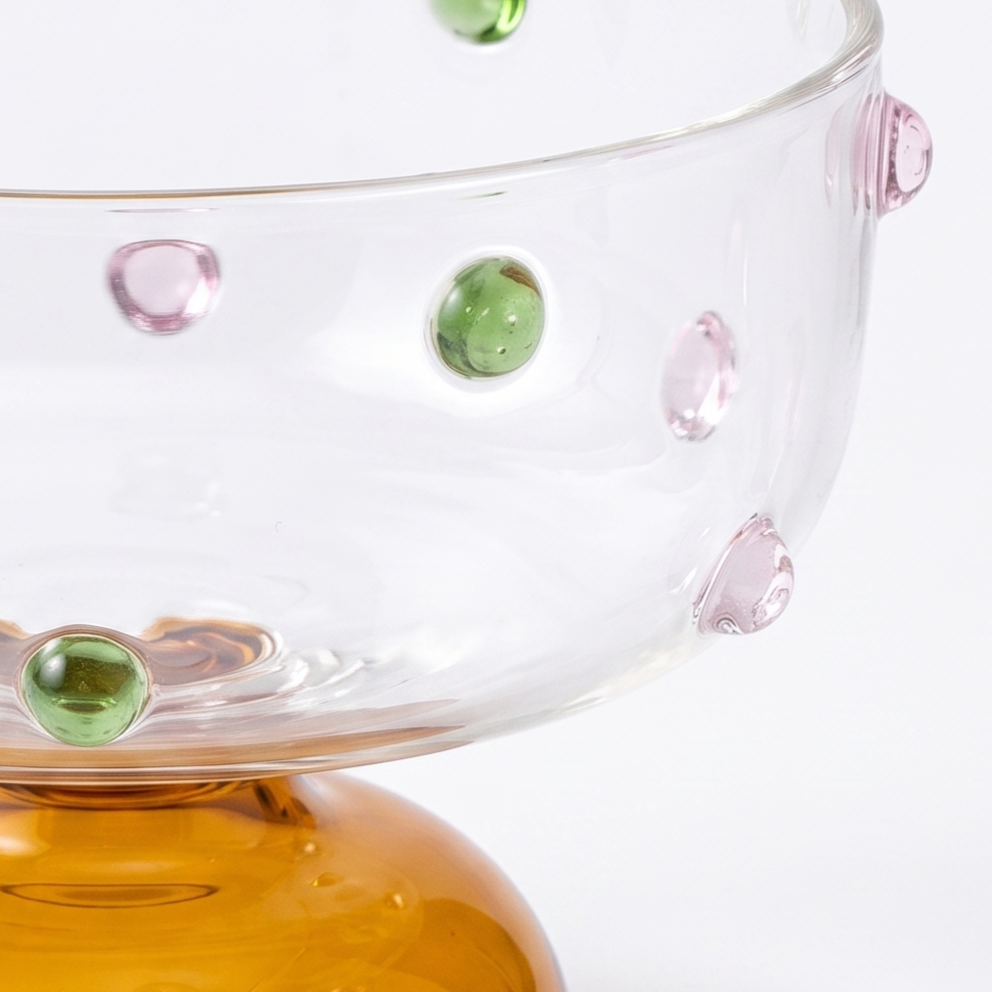 Amber Borosilicate Glass Dessert Bowl | Confetti Dot Rim | Set of 2