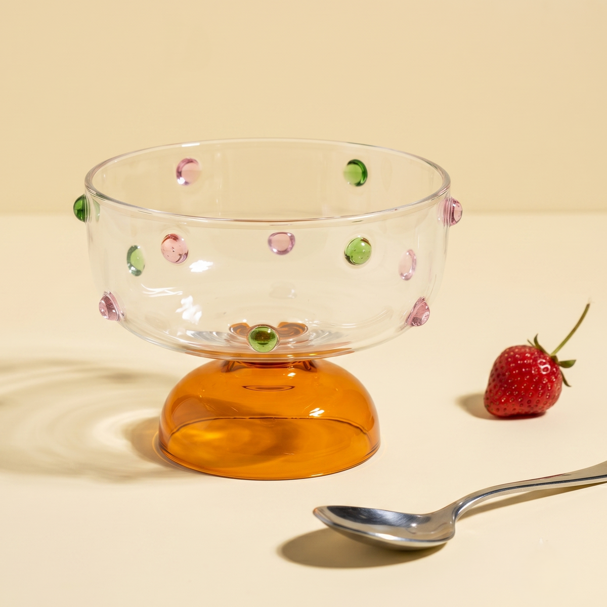 Amber Borosilicate Glass Dessert Bowl | Confetti Dot Rim | Set of 2