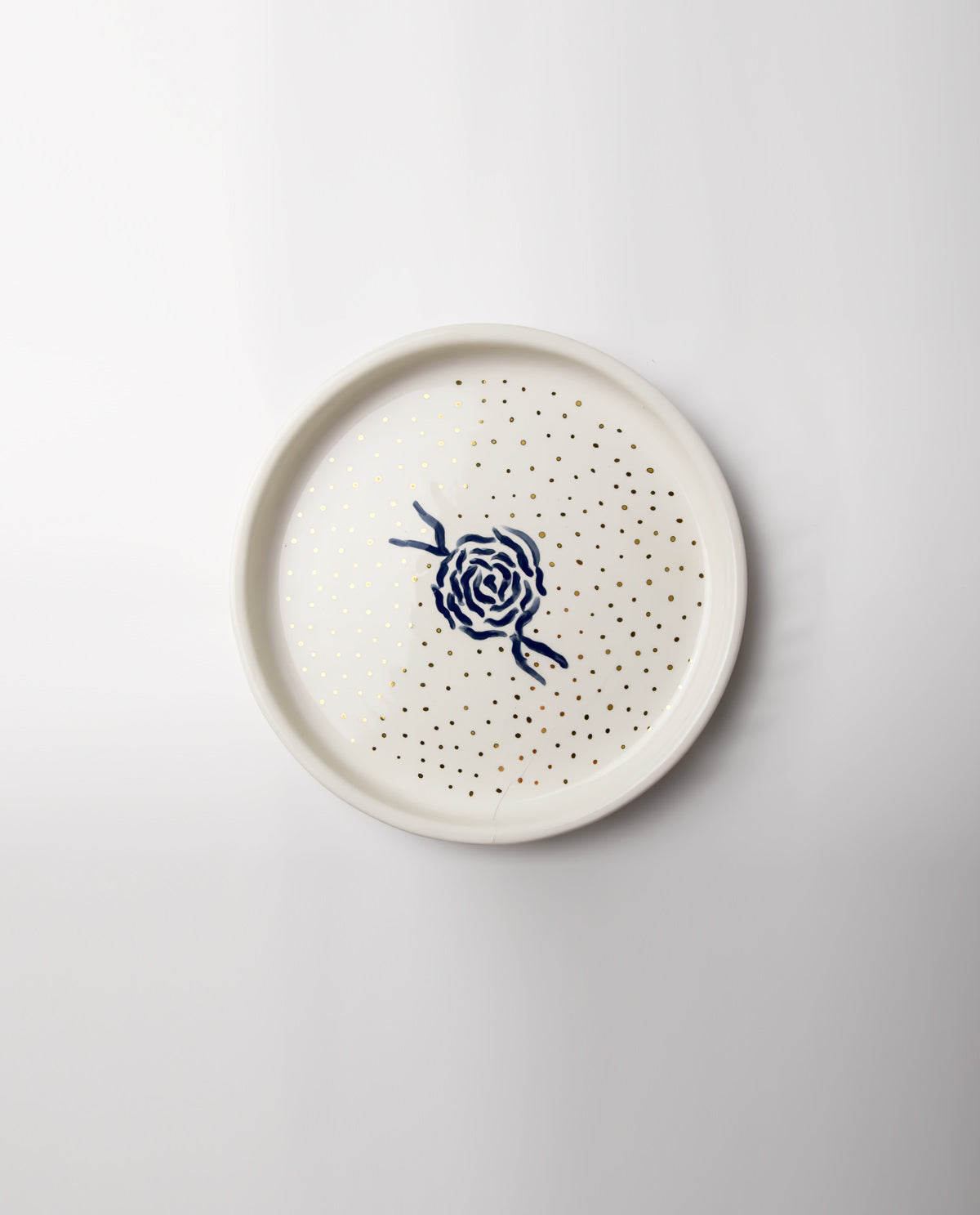 GOLDEN DOT HANDPAINTED CERAMIC PLATE WITH BLUE ROSE