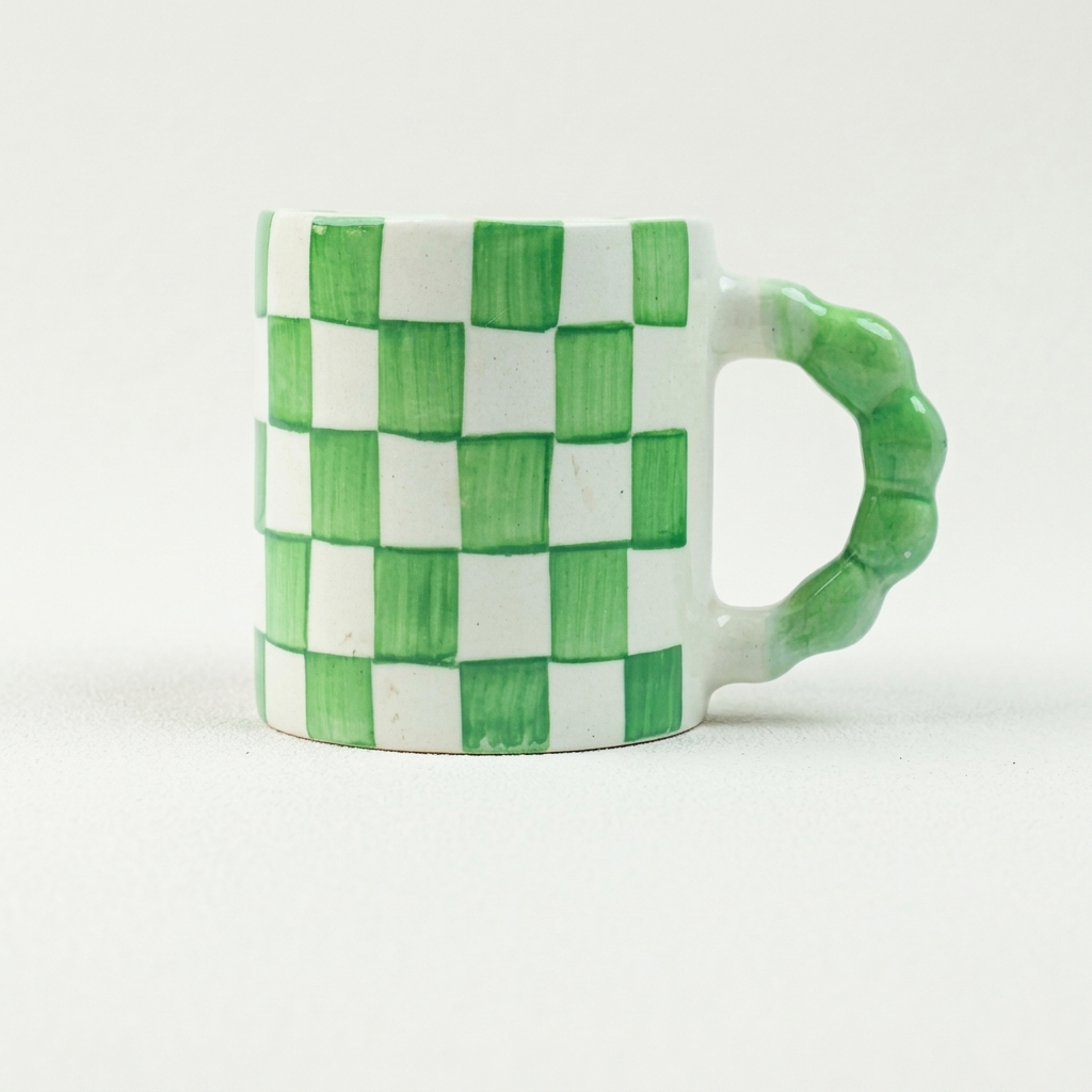 Green Checkered Ceramic Mug, 3x3x3.5 Inches (Set of 2)