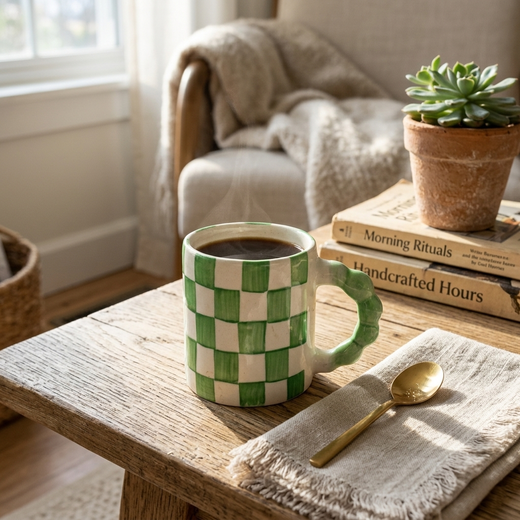 Green Checkered Ceramic Mug, 3x3x3.5 Inches (Set of 2)