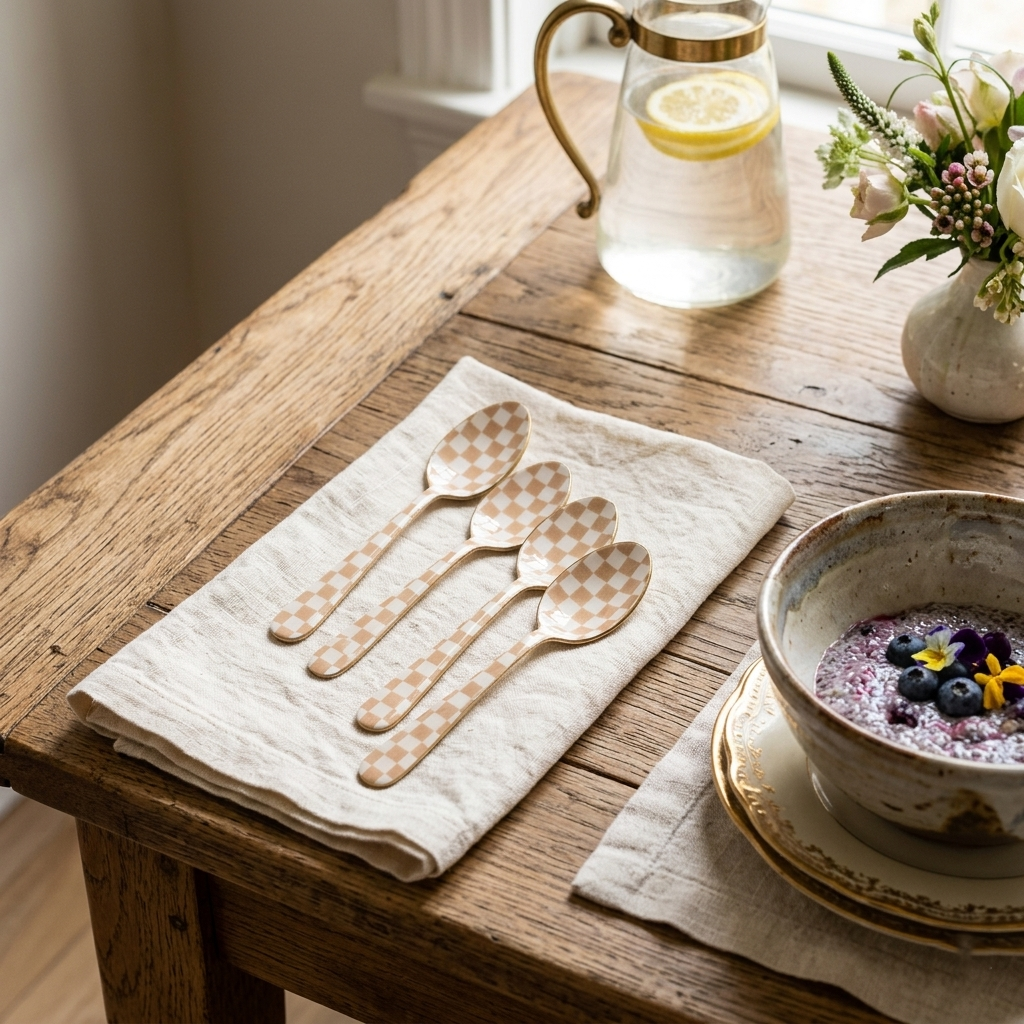 Checkered Enamel Spoon Set of 4 5.4x1 Inches - Casa Amarosa