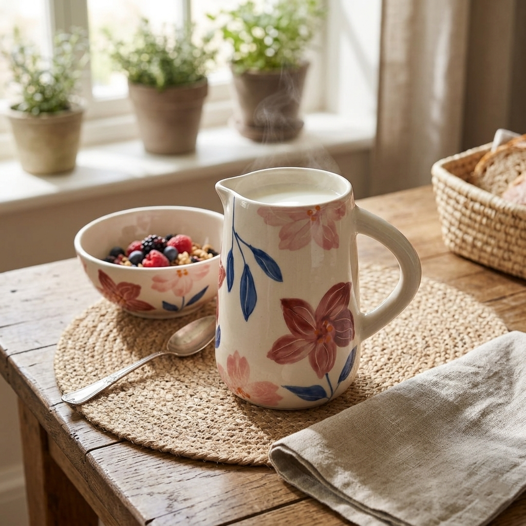 Floral Hand Painted Ceramic Water Pitcher , 3.5x3.5x8 Inches (Set of 2)