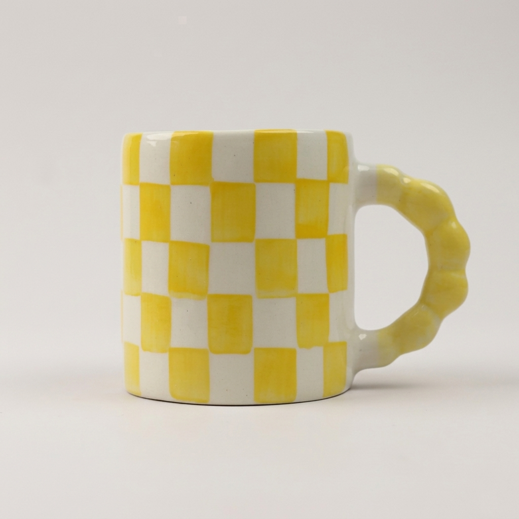 Yellow Checkered Ceramic Mug , 3x3x3.5 Inches (Set of 2)