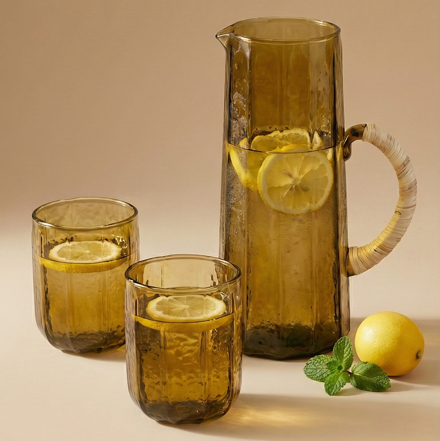 Hammered Glass Water Pitcher and Tumbler Set , Brown - (Set of 3)