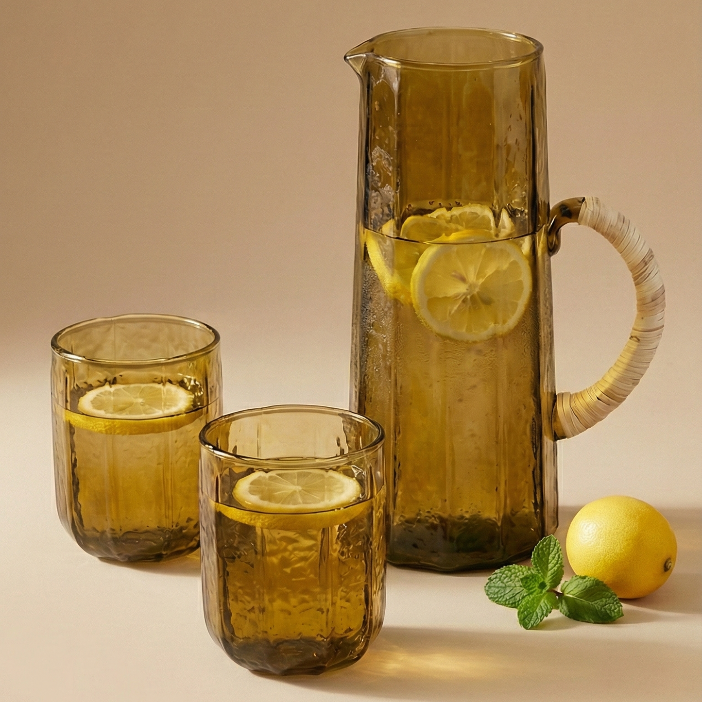 Hammered Glass Water Pitcher and Tumbler Set , Brown - (Set of 3)