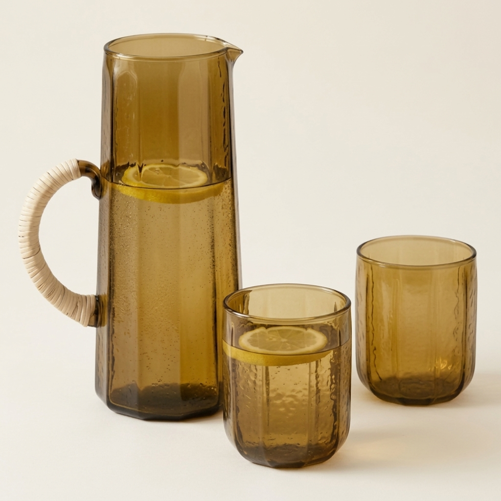 Hammered Glass Water Pitcher and Tumbler Set , Brown - (Set of 3)
