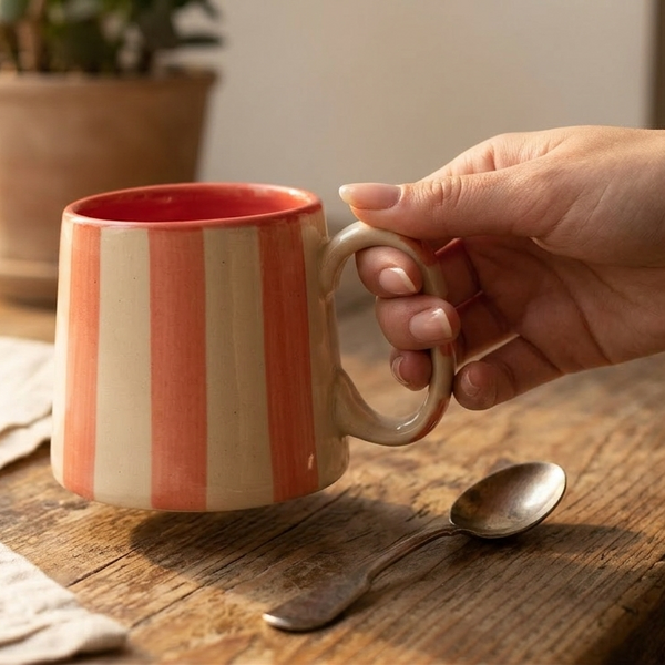 Ceramic Pink Stripe Coffee Cup, 220ml Set of 4 - Casa Amarosa