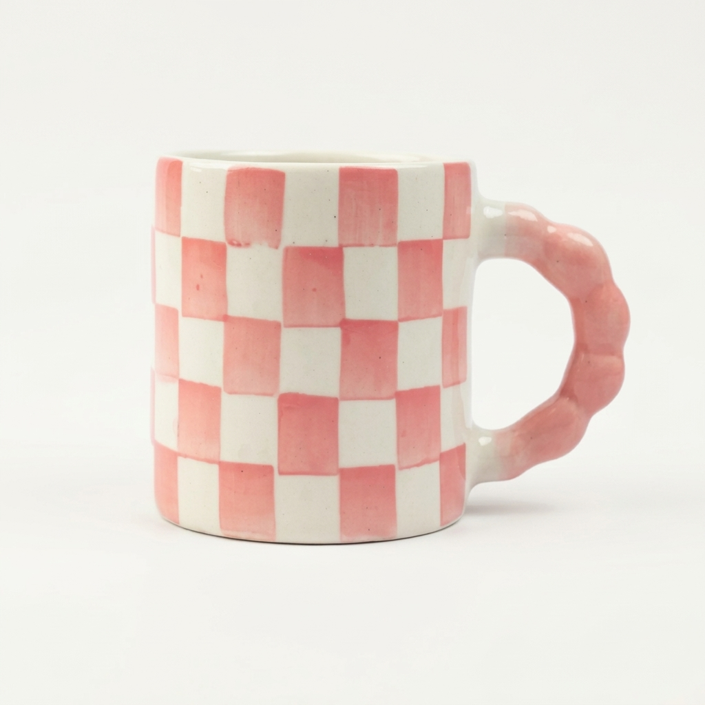 Pink Checkered Ceramic Mug , 3x3x3.5 Inches (Set of 2)
