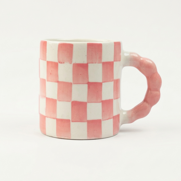 Pink Checkered Ceramic Mug , 3x3x3.5 Inches (Set of 2)
