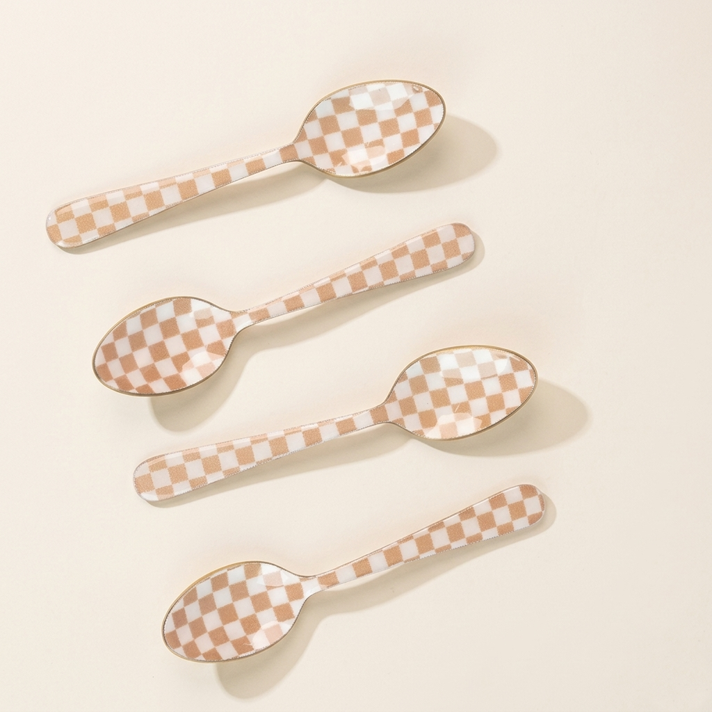 Checkered Enamel Spoon Set – (Set of 4) , 5.4 x 1 Inches