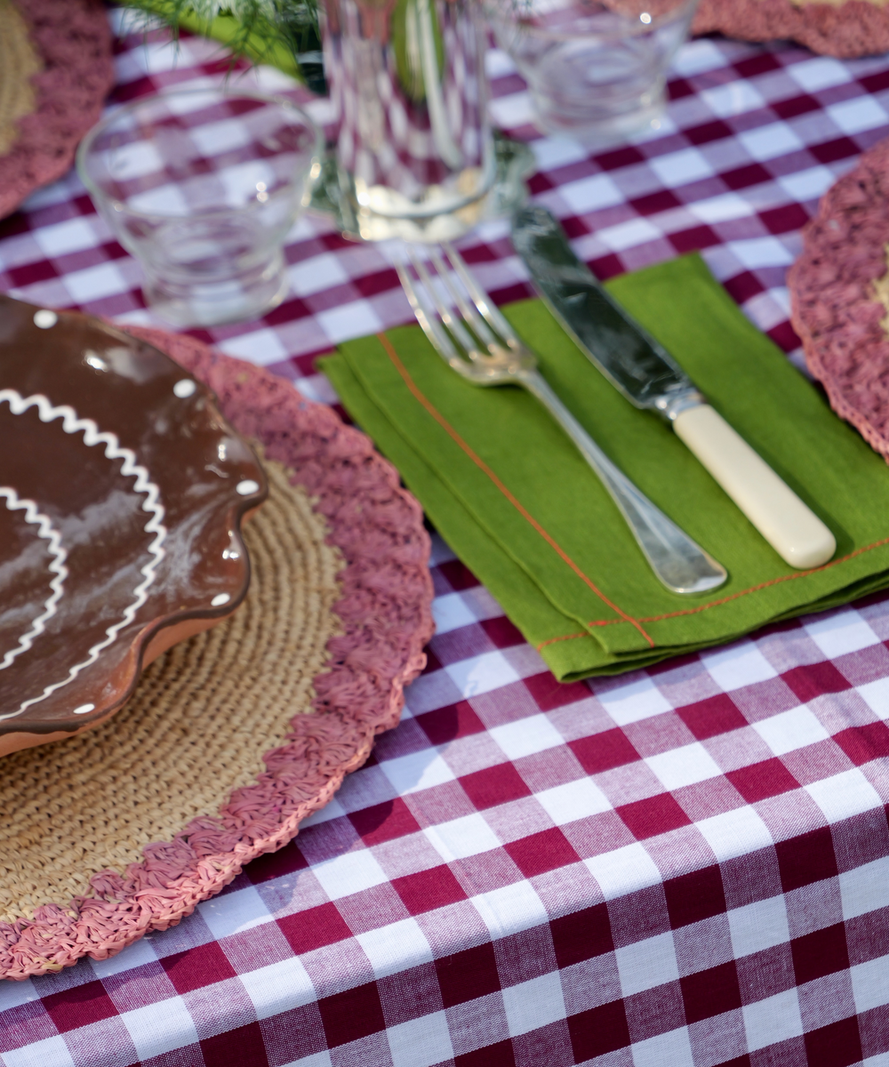 Close of Patchwork Gingham Burgundy Cotton Tablecloth