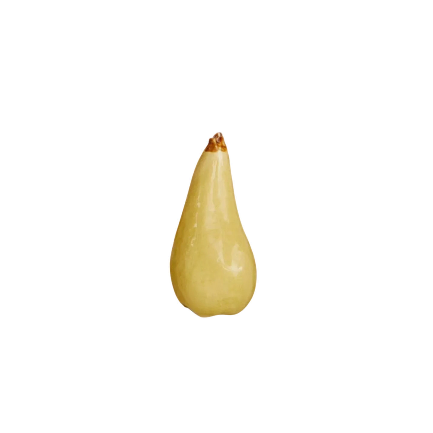 Glossy handmade ceramic pear – realistic stoneware fruit decor handcrafted by artisans, ideal for kitchen, shelf, or seasonal home displays.