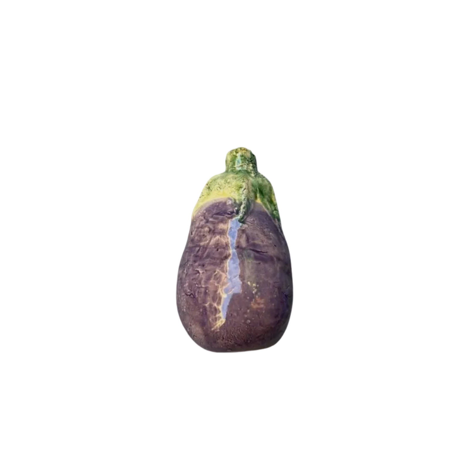 Handmade ceramic aubergine with glossy glaze by Marla Primrose – realistic stoneware kitchen decor handcrafted in the UK.