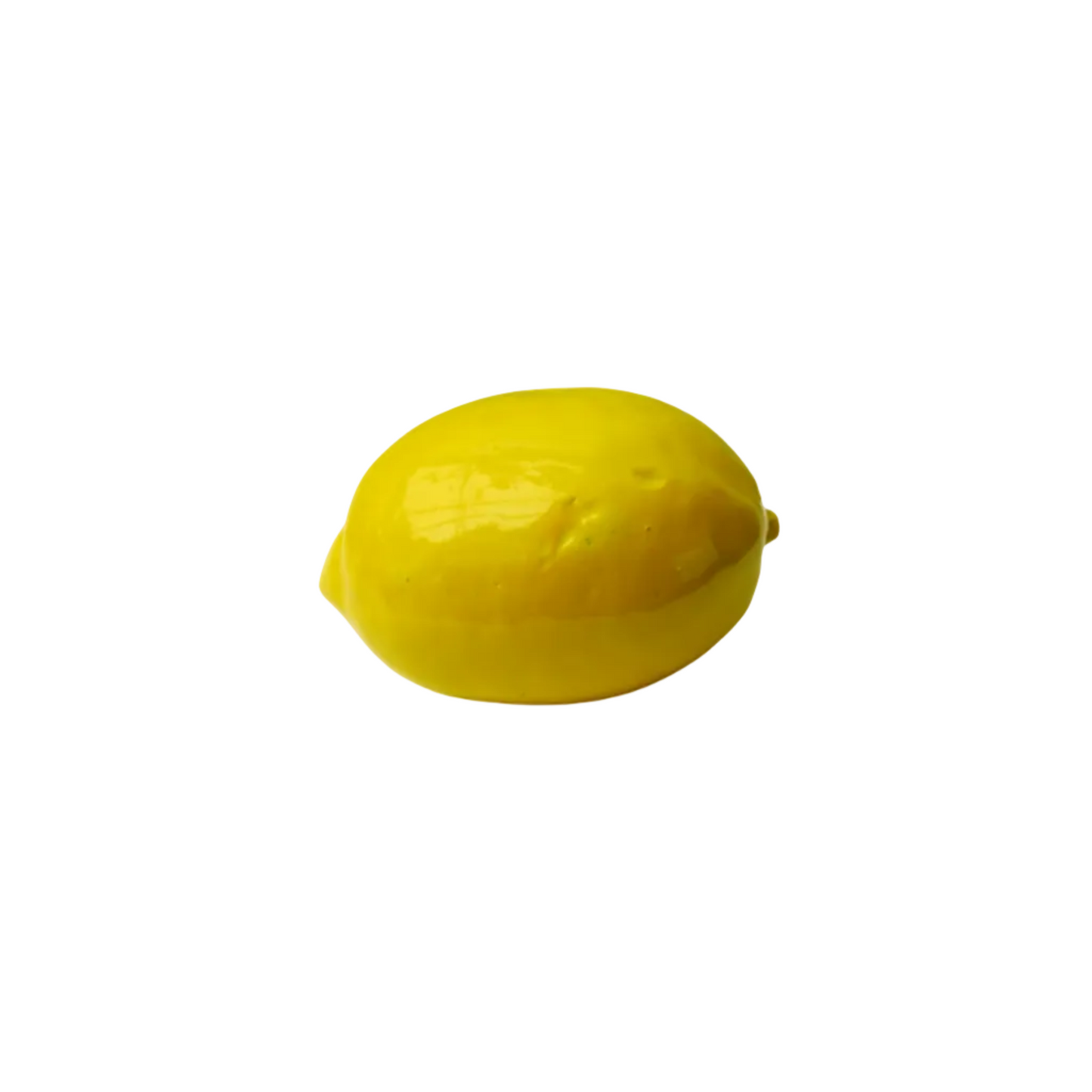 Handmade ceramic lemon with glossy glaze by Marla Primrose – realistic artisan stoneware fruit decor handcrafted in the UK.