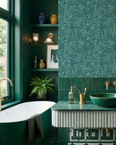 halia Botsari Cape Greco Emerald wallpaper in modern tiled bathroom