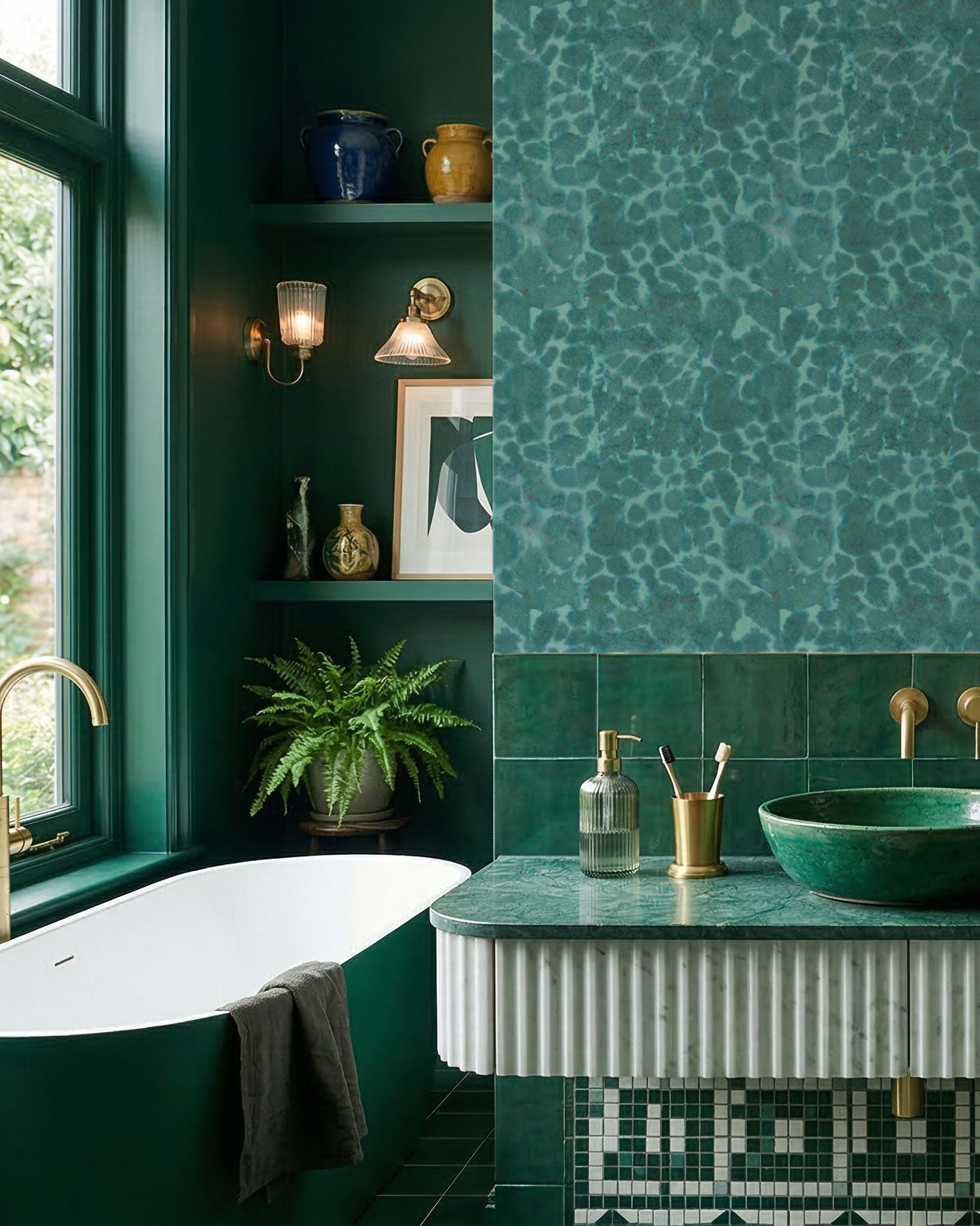 halia Botsari Cape Greco Emerald wallpaper in modern tiled bathroom