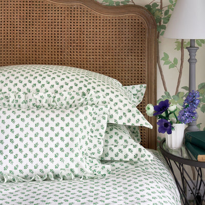 Green floral hand block printed cotton pillowcase