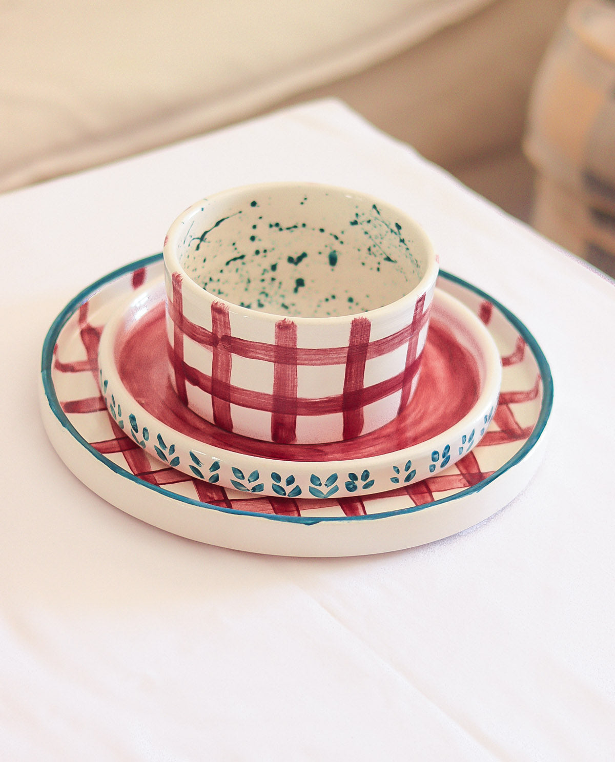 HANDMADE CERAMIC PLAID BOWL TABLEWARE SET