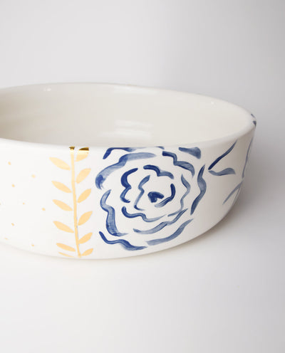 HANDPAINTED LUXURY CERAMIC BOWL WITH BLUE FLOWERS AND GOLD DETAILS