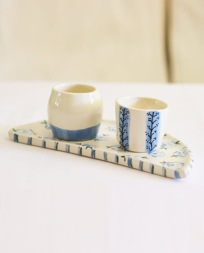 LIGHT BLUE WITH WHITE HAND PAINTED CERAMIC ESPRESSO CUP SET WITH FLORAL DETAILS