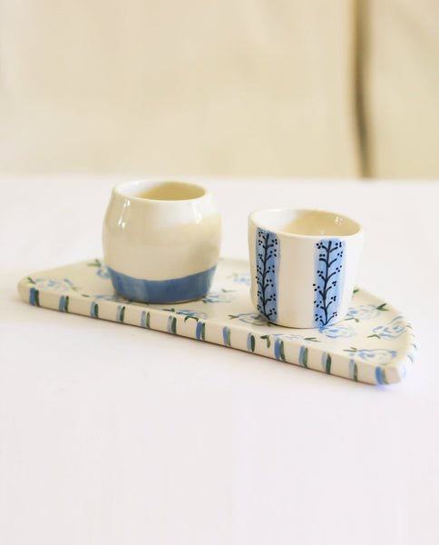 LIGHT BLUE WITH WHITE HAND PAINTED CERAMIC ESPRESSO CUP SET WITH FLORAL DETAILS