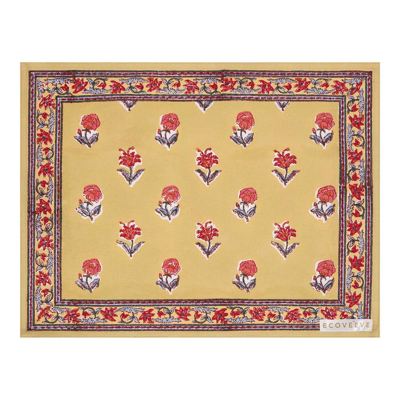 A hand-block printed yellow cotton table mat with red floral patterns and blue border.