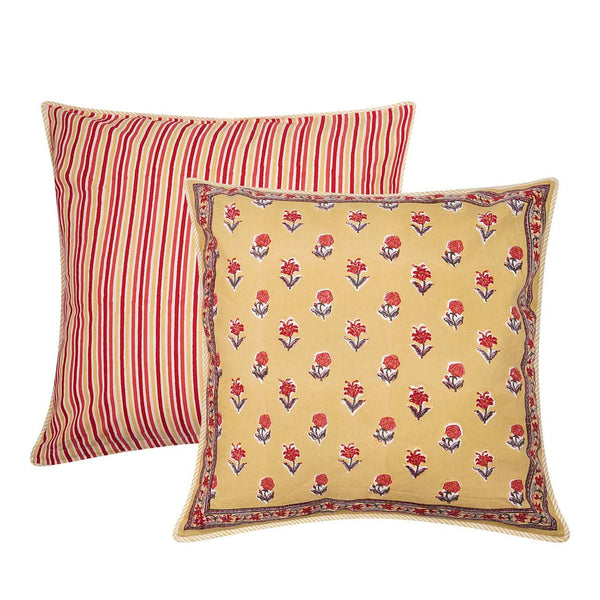 Square block printed Haldi Cushion Cover in yellows and reds