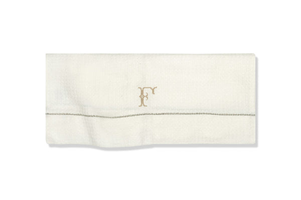 Liège Hand Towel in Ivory White Waffle with Olive Green Hemstitch