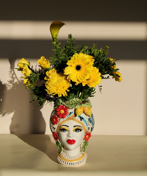 Handcrafted large Sicilian Testa di Moro head vase with sculpted lemons – a bold ceramic centerpiece for flowers