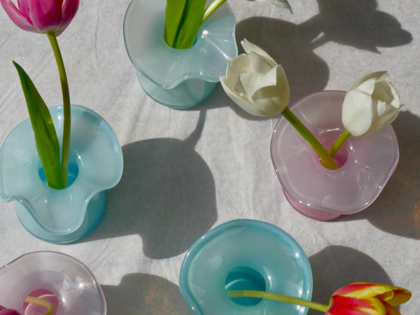 Handmade Ruffle Glass Bud Vase Blue