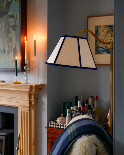 Hexagon Linen Lampshade with Navy Trim Large for Table Lamp