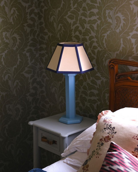 Hexagon Bedside Lamp Beaufort Blue Issy Granger and Navy Trim Hexagon Lampshade
