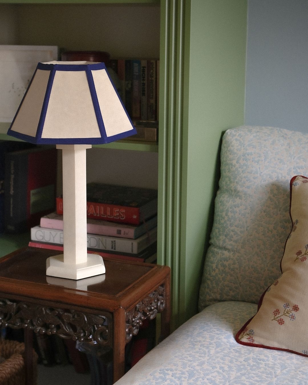 Hexagon Bedside Lamp Oyster White Navy Trim Small Hexagon Lampshade 