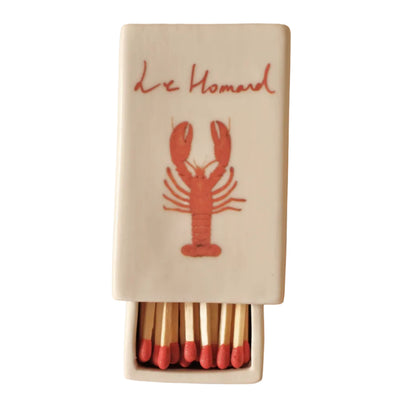 Decorative ceramic matchbox with hand-illustrated 'Le Homard', crafted by INI CERAMIQUE.
