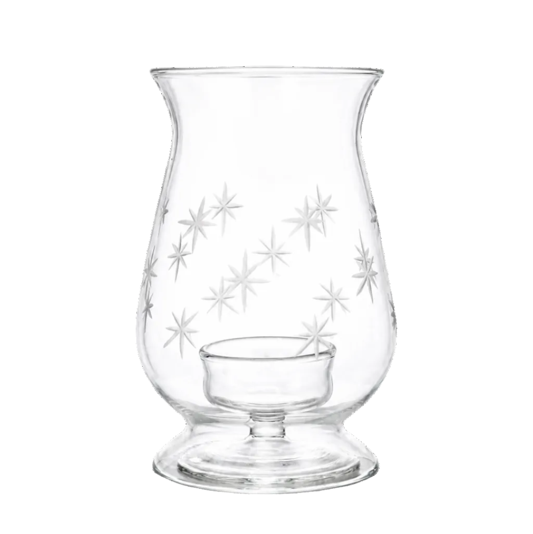 Clear glass hurricane lamp with star etched patterns