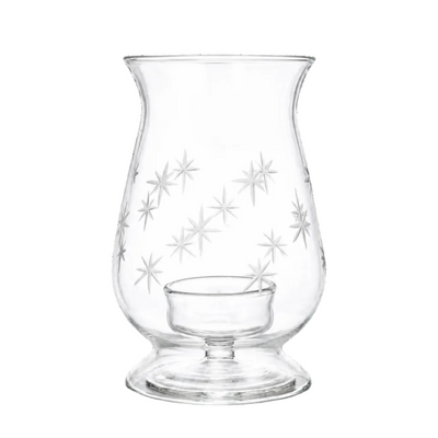 Clear glass hurricane lamp with star etched patterns