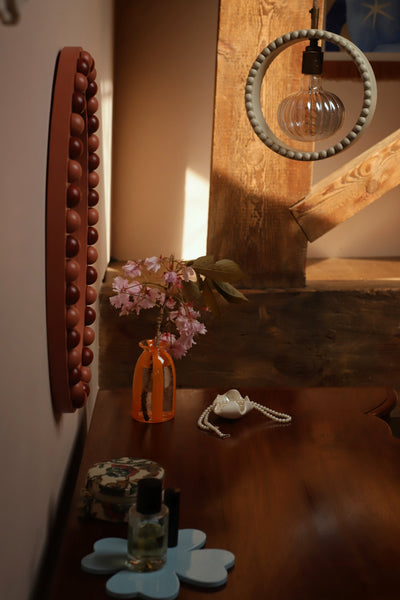 Brick Red & Terracotta Stained Wood Oval Bobbin Mirror