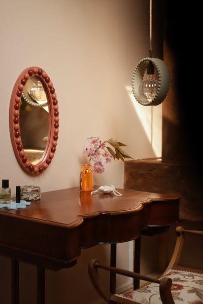 Brick Red & Terracotta Stained Wood Oblong Bobbin Mirror