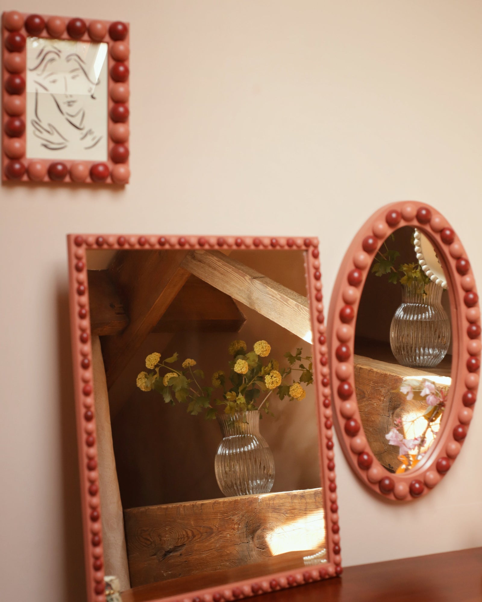 Brick Red & Terracotta Stained Wood Oval Bobbin Mirror