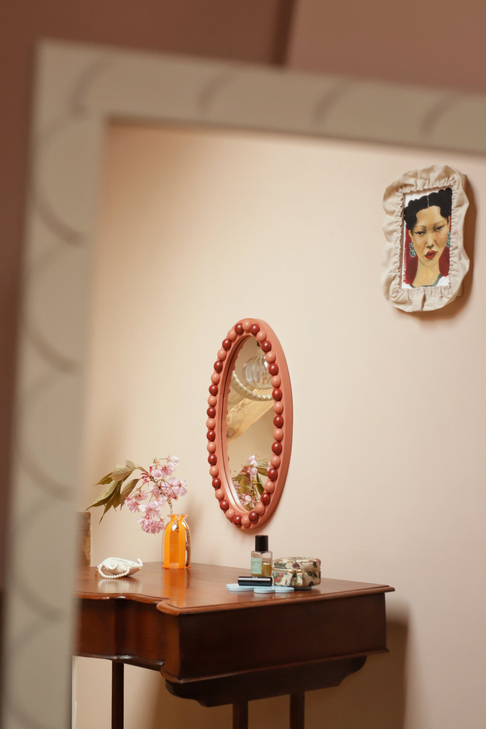Brick Red & Terracotta Stained Wood Oval Bobbin Mirror