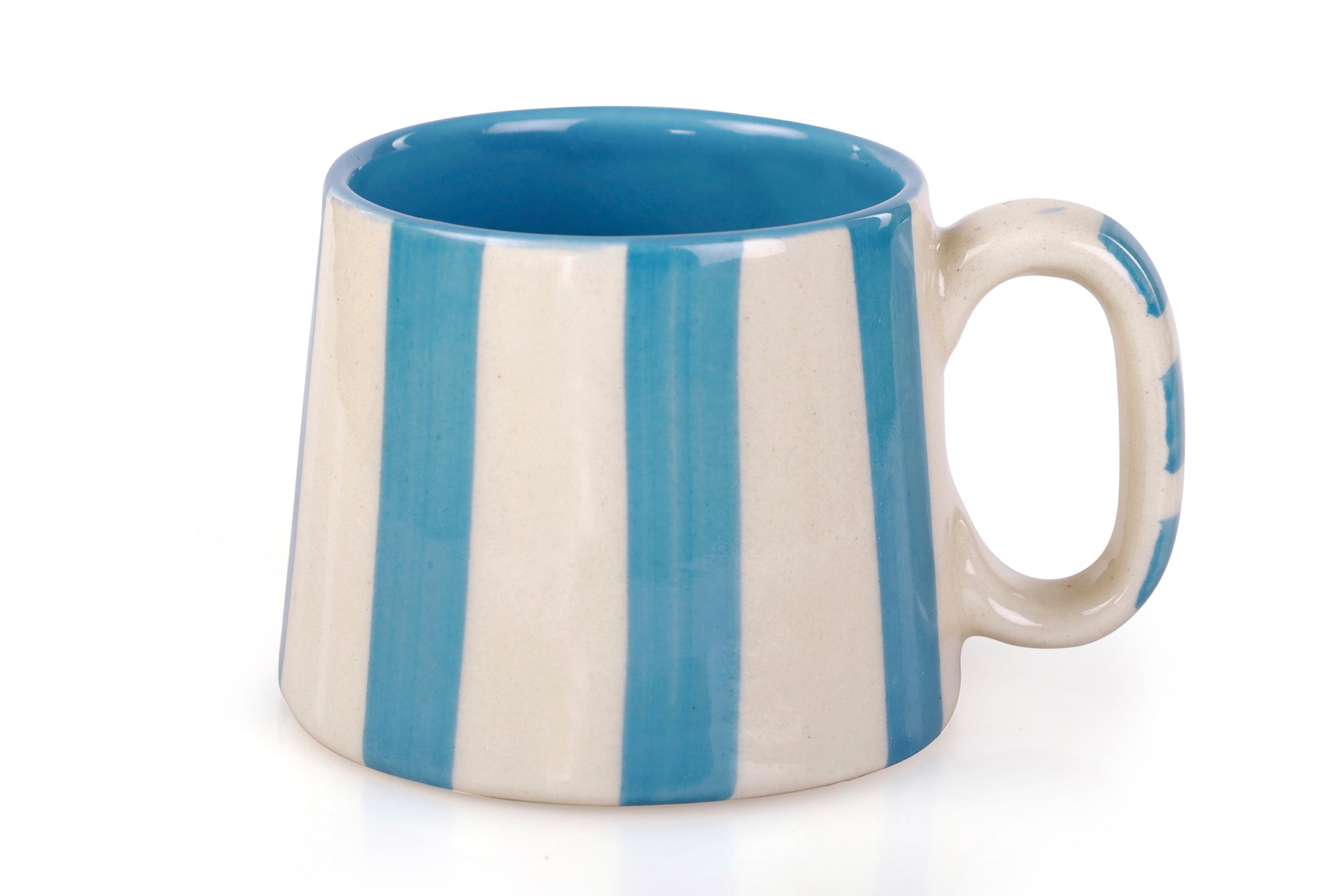 Ceramic aqua blue stripe coffee cup 220ml - handmade artisan mug