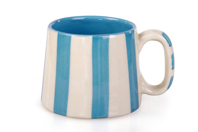 Ceramic aqua blue stripe coffee cup 220ml - handmade artisan mug