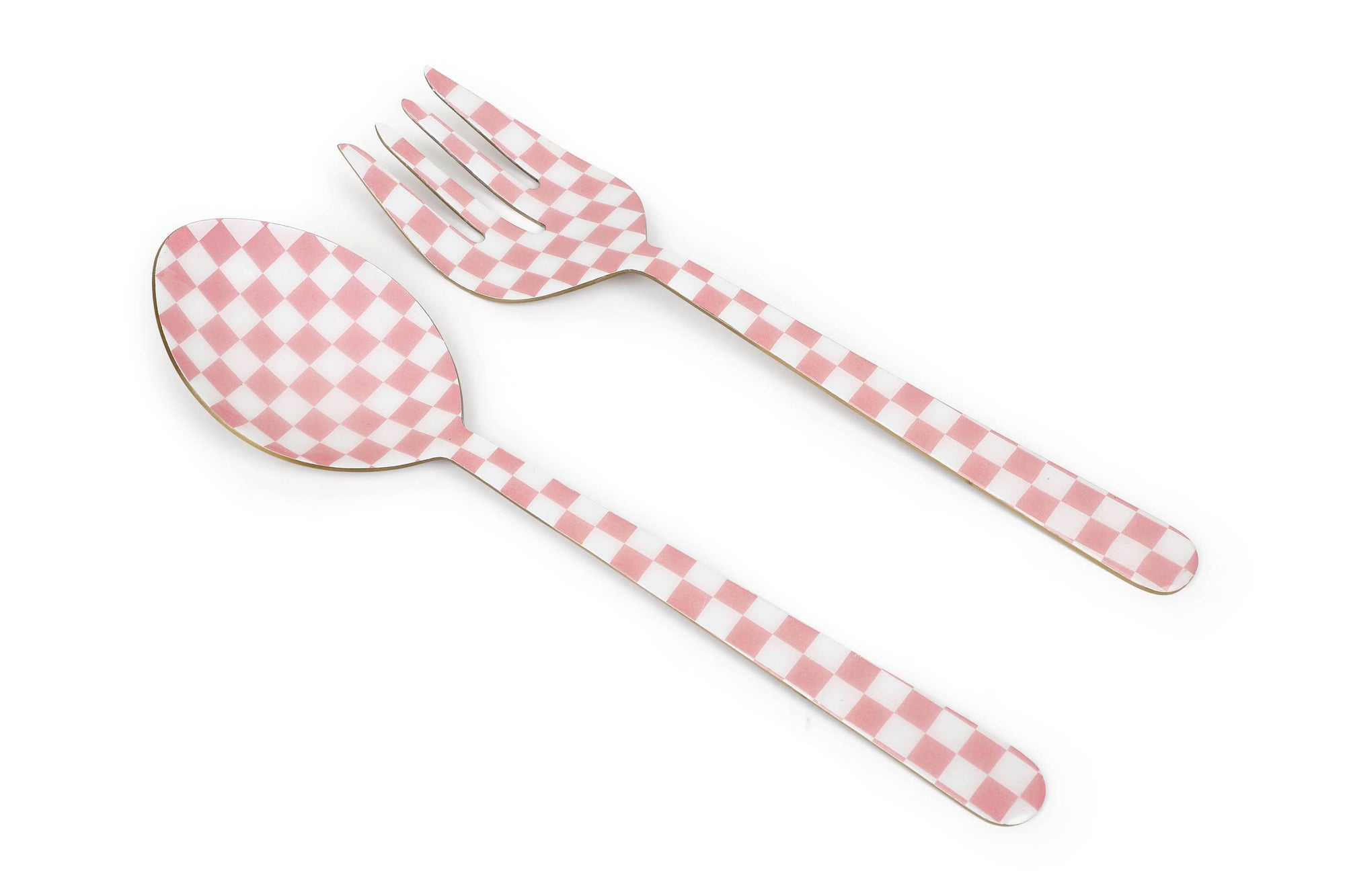 Pink checkered spoon and fork set on a white background